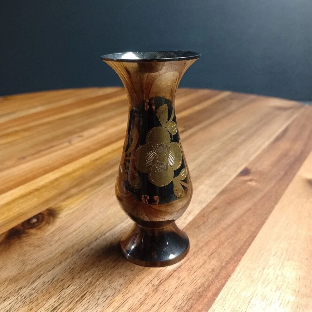 Vintage Brass Bud Vase Etched Intricate Floral‎ India 3
